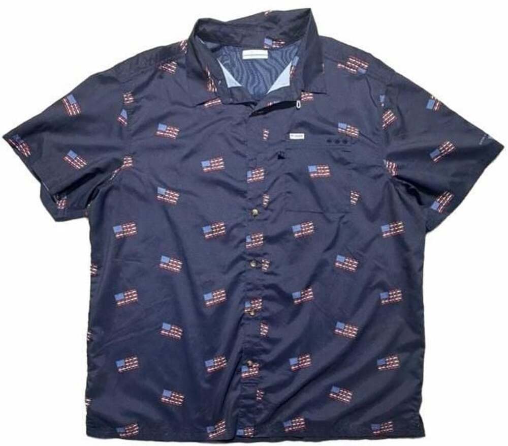 Columbia PFG Navy Blue USA Short Sleeve Button Down Fishing Shirt Size XL